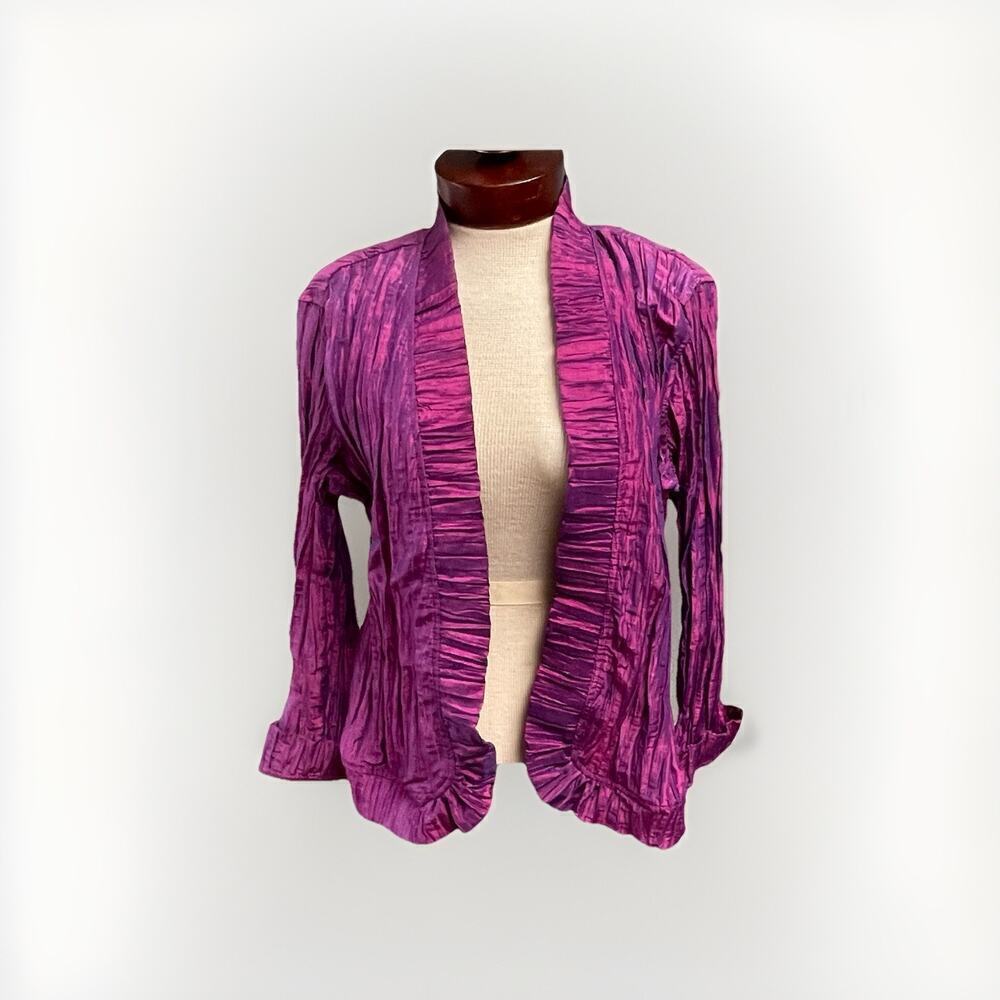 Chicos Ruffle Rhea Shimmer Purple Crinkle Jacket Open Topper Size 2 Large